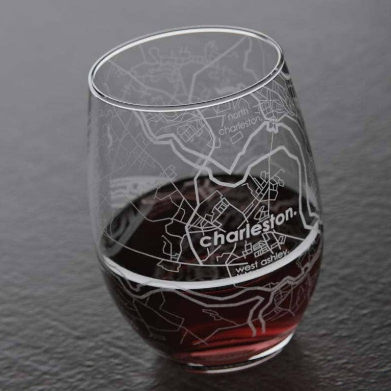 Charleston SC Map Stemless Wine Glass