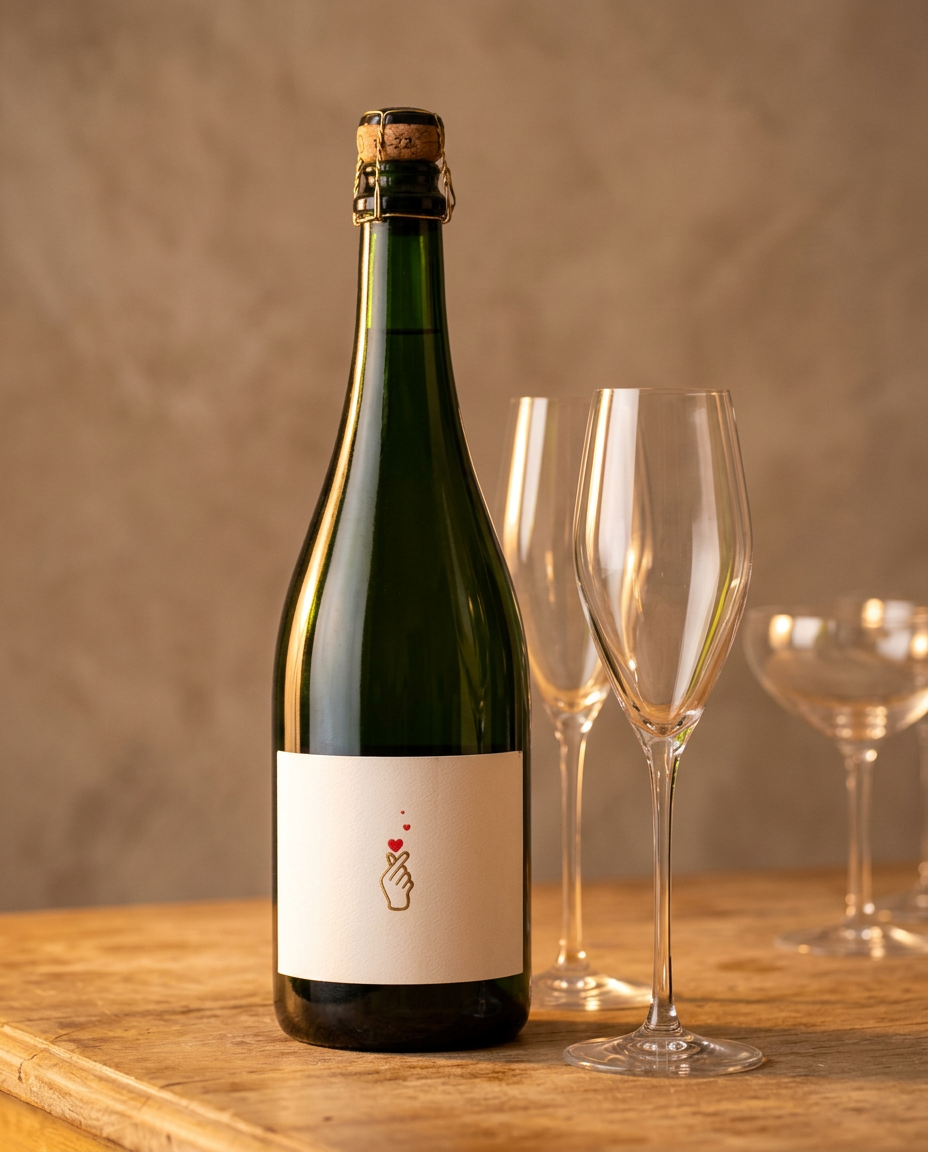 Wine bottle with a cork on a wooden table with wine glasses in the background