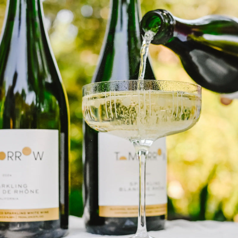 Two bottles of sparkling wine being poured into a glass with a blurred outdoor background