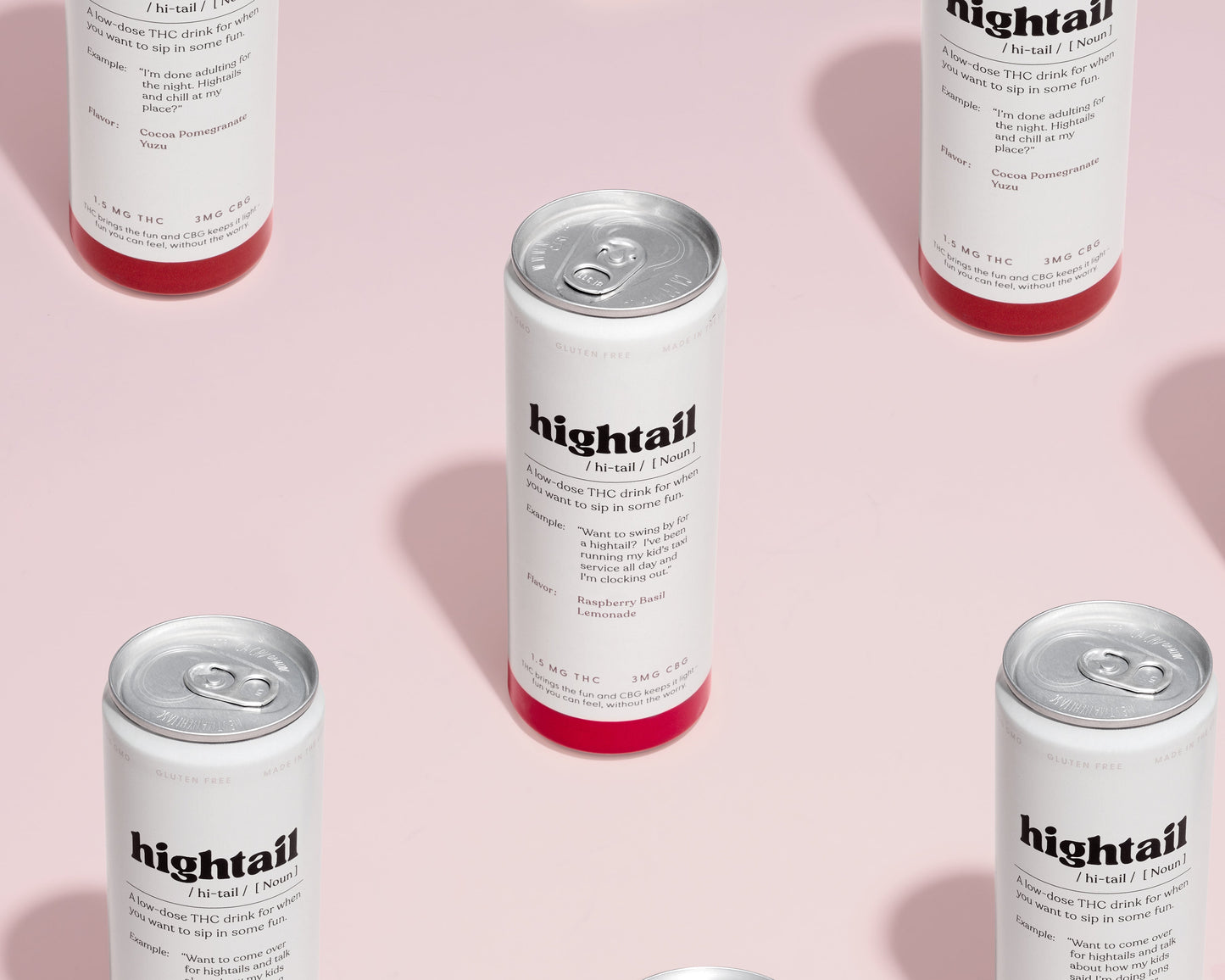Multiple 'hightail' cans arranged on a pink background